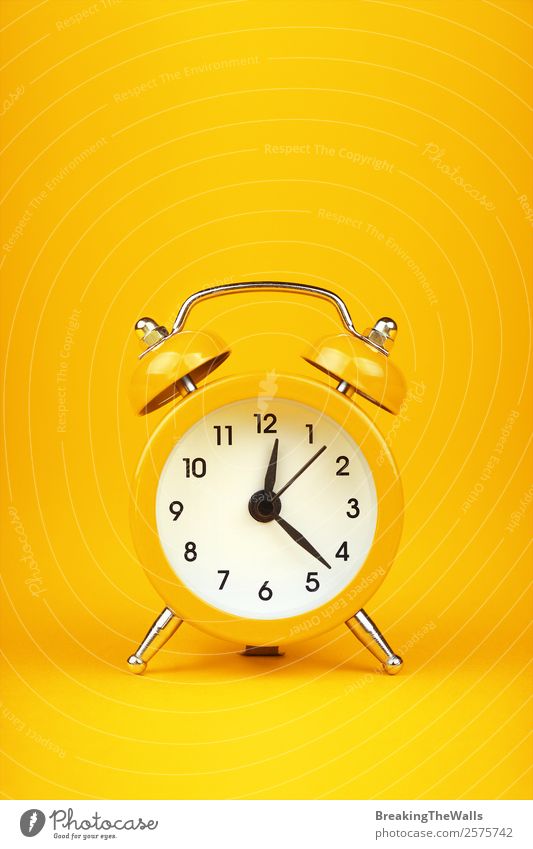 Close up one small yellow metal twin bell retro alarm clock Style Design Clock Metal Sleep Hot Retro Yellow Colour Tradition Twin Conceptual design