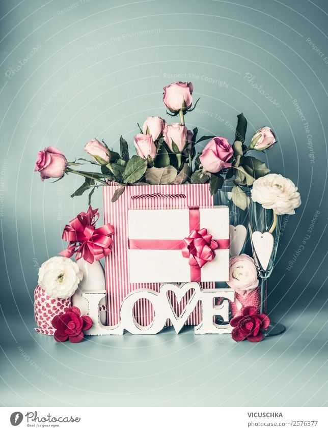 Festive composing with gift, flowers and word LOVE Shopping Style Design Decoration Party Event Feasts & Celebrations Valentine's Day Mother's Day Wedding