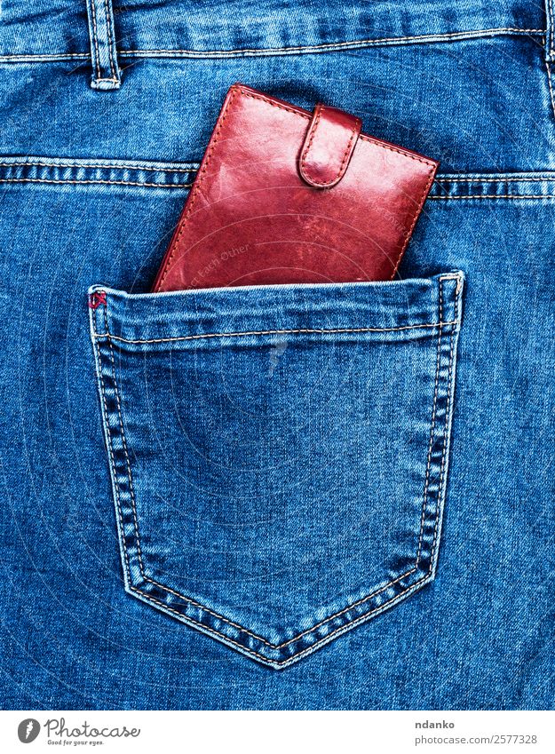 brown leather purse Money Financial Industry Business Fashion Clothing Pants Jeans Blue Brown Risk back Canvas Conceptual design Cotton Denim indigo