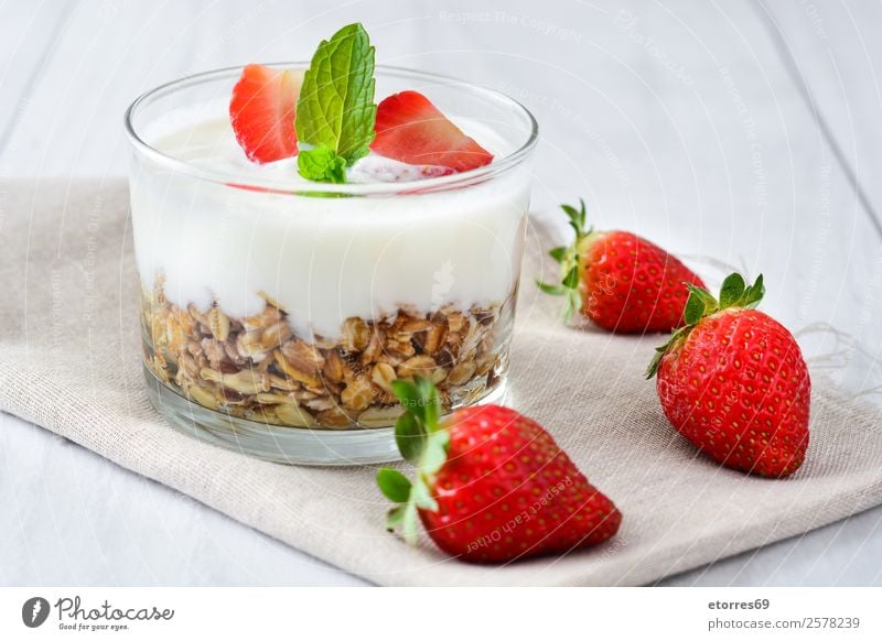Yogurt with cereals and strawberries Yoghurt Cereals Strawberry Breakfast Fruit Healthy Healthy Eating Glass Vegetarian diet Meal Mature Berries Milk Dessert