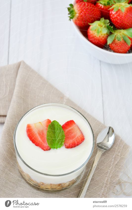 Yogurt with cereals and strawberries Yoghurt Cereals Strawberry Breakfast Fruit Healthy Healthy Eating Glass Vegetarian diet Meal Mature Berries Milk Dessert