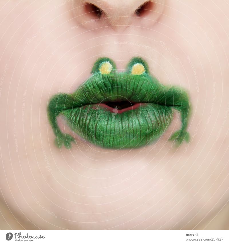 quack Human being Skin Face Mouth Lips Animal Frog Animal face 1 Green Make-up Painted Funny Lipstick Fair-skinned Frog eyes Colour photo Interior shot Comical