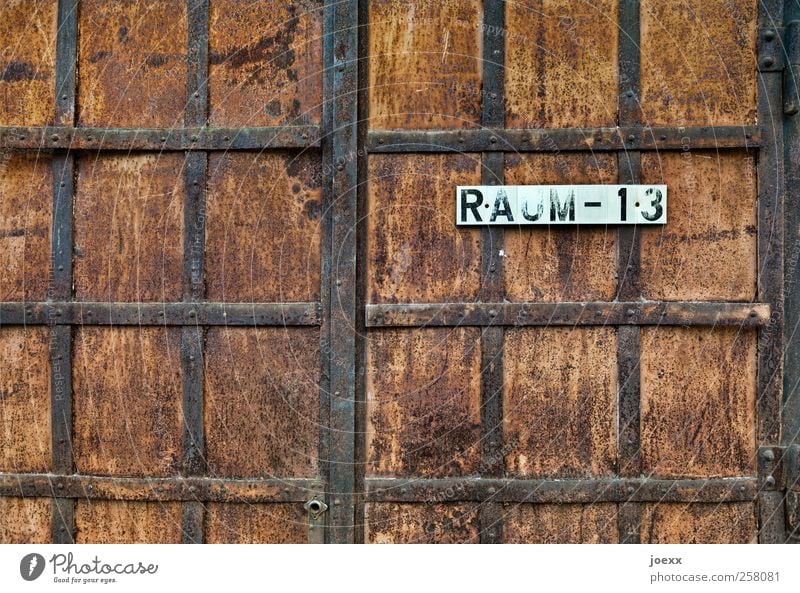 Room - 13 Gate Door Steel Rust Characters Digits and numbers Old Historic Retro Brown Black White Mysterious Decline iron mount Iron gate Room 13 Colour photo