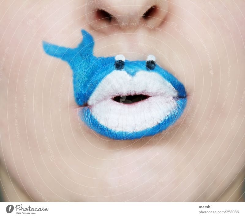 blue whale Human being Skin Head Face Mouth Lips Animal Wild animal Animal face 1 Blue White Fish Make-up Painted Fair-skinned Symbols and metaphors