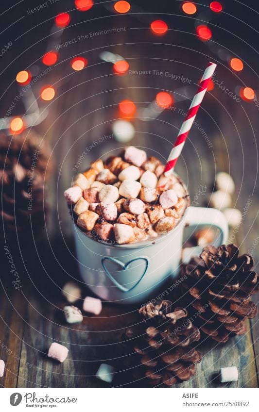 Christmas hot chocolate Breakfast Beverage Hot Chocolate Winter Wood Heart Delicious Red Tradition marshmallows mug Pine cone Festive Lighting straw drink milk