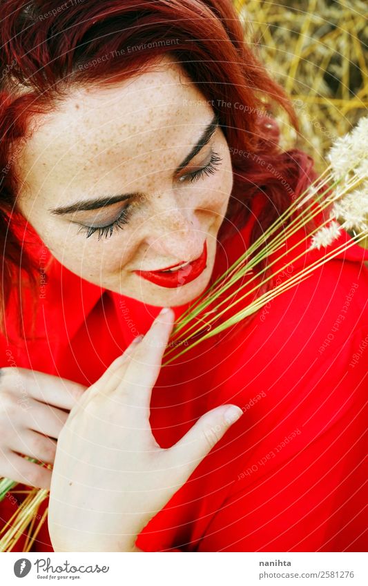 Happy young woman wearing a red dress Lifestyle Elegant Style Beautiful Skin Face Freckles Wellness Human being Feminine Young woman Youth (Young adults) Woman