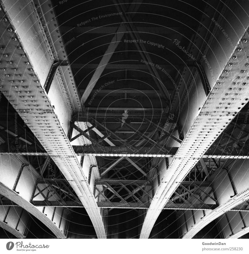 under the bridge Bridge Metal Prop Old Dirty Dark Sharp-edged Free Tall Cold Dry Town Black & white photo Exterior shot Deserted Day Light Shadow Contrast