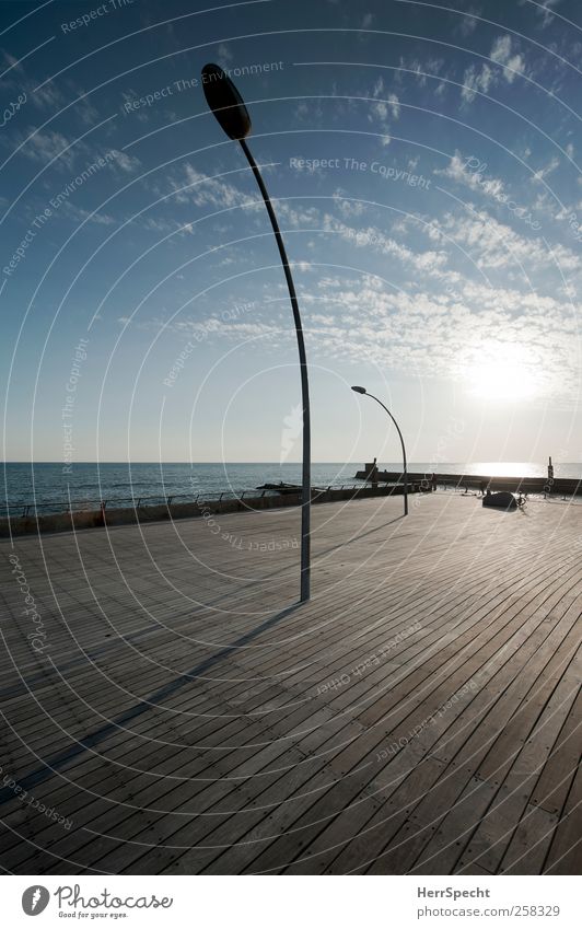 On the boardwalk Sky Sun Beautiful weather Coast Ocean Tel Aviv Israel Port City Fresh Warmth Blue Brown Far-off places Sea promenade Lantern Wooden floor Empty