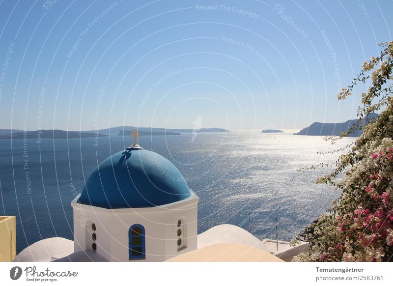 View into the Caldera Landscape Water Sky Beautiful weather Ocean the Aegean Island Santorini Church Domed roof Stone Crucifix Esthetic Blue Pink White Calm