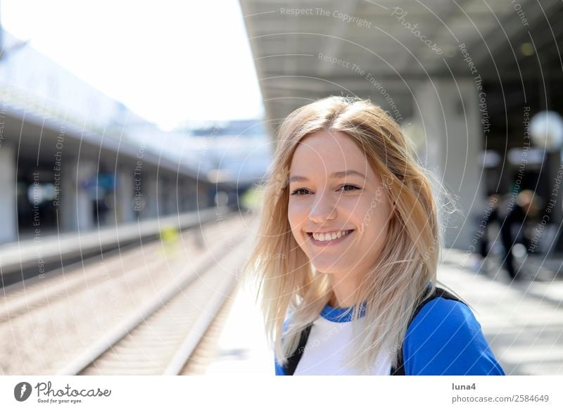 young woman on platform Lifestyle Joy Happy Beautiful Contentment Vacation & Travel Tourism Young woman Youth (Young adults) Woman Adults Train station