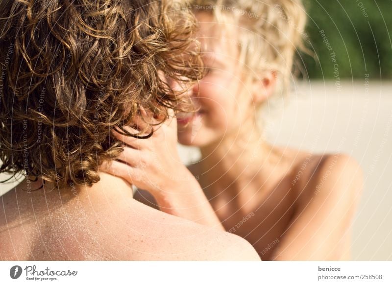 kiss Couple Lovers Beach Bikini European caucasian Smiling Kissing Vacation & Travel Summer Sandy beach Laughter Joy Sun Sunbeam Youth (Young adults)