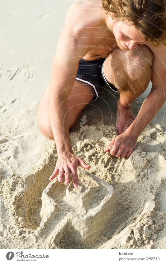 summer construction site Man Playing Build Sand Sandcastle Squander Youth (Young adults) Beach Vacation & Travel holiday European Joy Laughter Sun Sunbathing