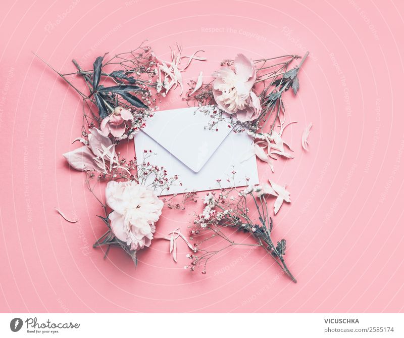 White envelope with flowers on pink background Lifestyle Style Design Feasts & Celebrations Valentine's Day Mother's Day Wedding Birthday Email Nature Plant