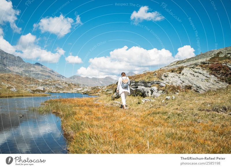 stroll Nature Landscape Blue Brown Yellow Gold White Pass Lake To go for a walk Walking Movement Autumn Woman Backpack Clouds Rock Mountain Grass Colour photo