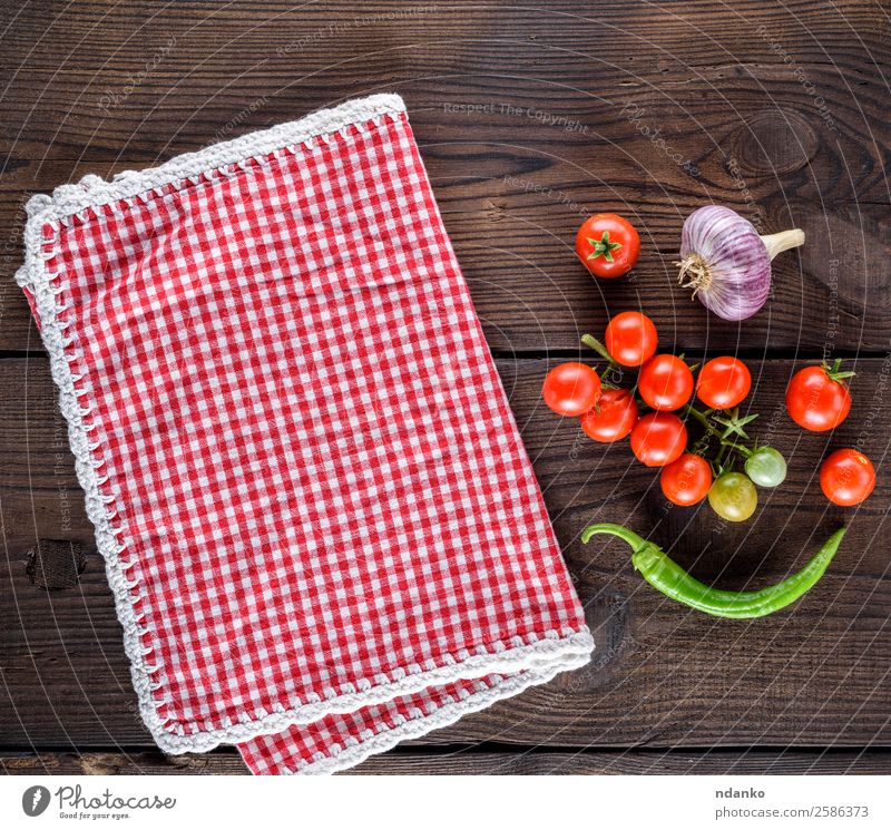 fresh cherry tomatoes Vegetable Herbs and spices Nutrition Vegetarian diet Table Kitchen Nature Wood Fresh Natural Above Juicy Green Red Towel Napkin