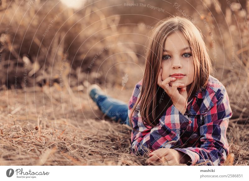adorable kid girl on sunny summer field Lifestyle Happy Beautiful Face Relaxation Vacation & Travel Sun Child Woman Adults Infancy Nature Autumn Leaf Dream