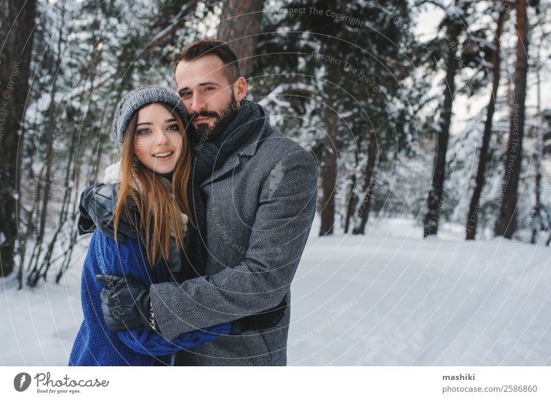 happy loving couple walking in snowy winter forest Lifestyle Relaxation Leisure and hobbies Vacation & Travel Freedom Winter Snow Man Adults Couple Warmth