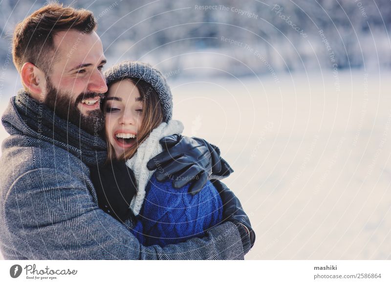 happy loving couple walking in snowy winter forest Lifestyle Joy Relaxation Leisure and hobbies Vacation & Travel Freedom Winter Snow Man Adults Couple Warmth