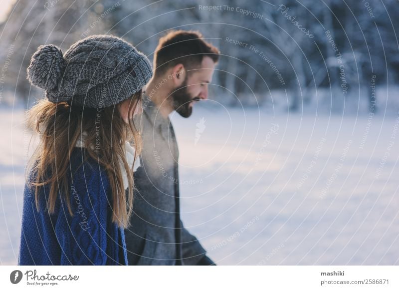 happy loving couple walking in snowy winter forest Lifestyle Joy Relaxation Leisure and hobbies Vacation & Travel Freedom Winter Snow Man Adults Couple Warmth