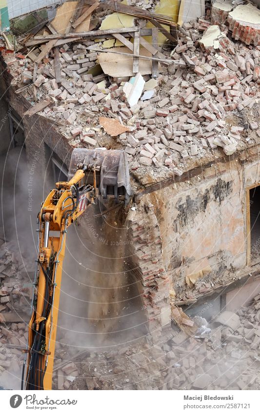 Building demolition with an excavator. House (Residential Structure) Work and employment Profession Construction site Machinery Construction machinery Ruin Old