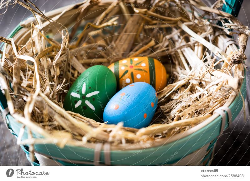 Easter eggs in a basket on wooden background Egg Colour Vacation & Travel Feasts & Celebrations Public Holiday Background picture Guest Decoration Festive