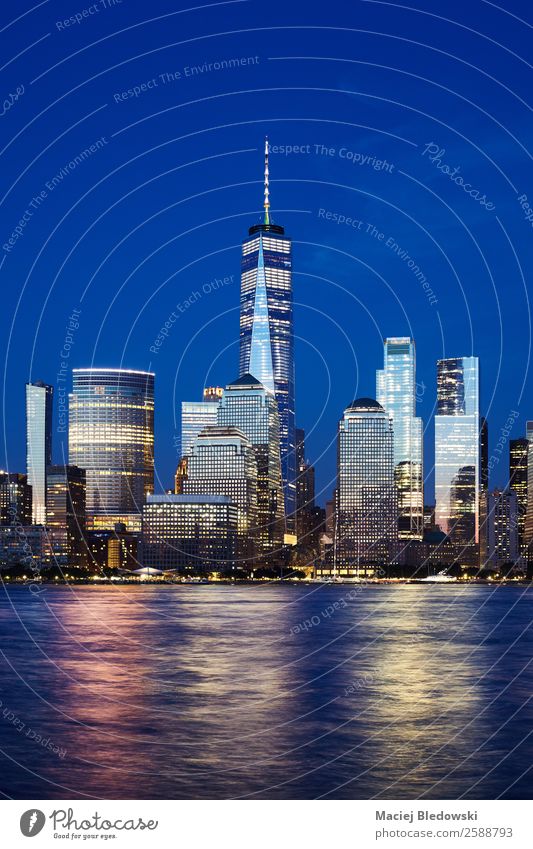 Manhattan skyline at blue hour. Vacation & Travel Tourism Sightseeing City trip Night life Office Landscape Sky Cloudless sky River Skyline High-rise