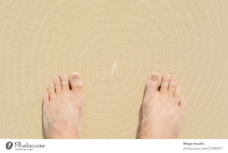 Close up view of feet on sea sand. Summer concept Lifestyle Beautiful Pedicure Relaxation Vacation & Travel Tourism Trip Sun Beach Ocean Island Waves