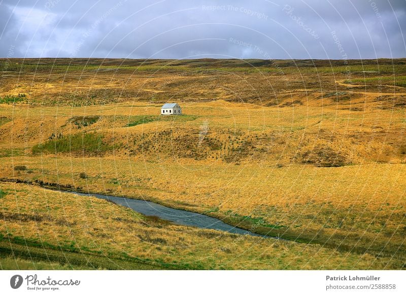 Iceland's metropolises Living or residing House (Residential Structure) Environment Nature Landscape Earth Water Sky Climate Beautiful weather Grass Hill Island