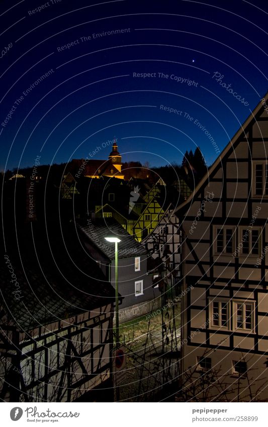 idyllic Tourism Cloudless sky Night sky Horizon Beautiful weather Village Small Town Old town House (Residential Structure) Detached house Church Wall (barrier)