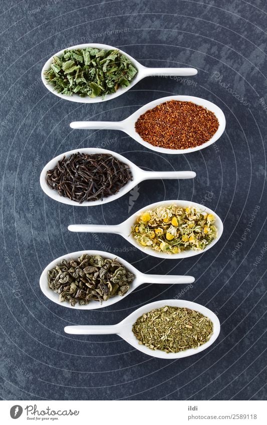 Variety of Dried Tea Leaves Beverage Natural food drink dry Tea plants rooibos Chamomile camomile mate yerba herbal Selection Red bush rooibosch infusion flavor