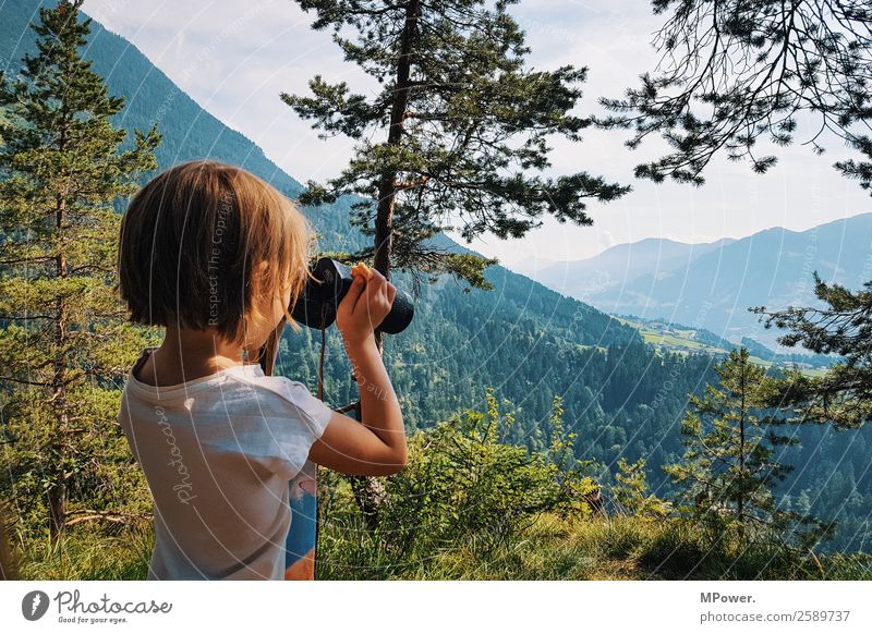 View into the valley Leisure and hobbies Human being Child Girl 1 3 - 8 years Infancy Environment Nature Landscape Beautiful weather Plant Tree Forest Alps