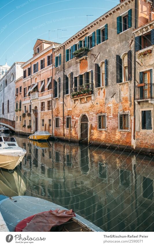 Venice Town Gray Orange Black White Italy Travel photography Channel Watercraft House (Residential Structure) Door Window Tumbledown Tourism Colour photo