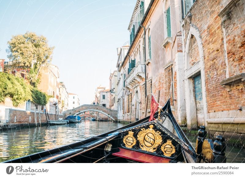 gondola Small Town Port City Blue Brown Yellow Gold Red Venice Italy Gondola (Boat) Watercraft Boating trip Channel Building Travel photography