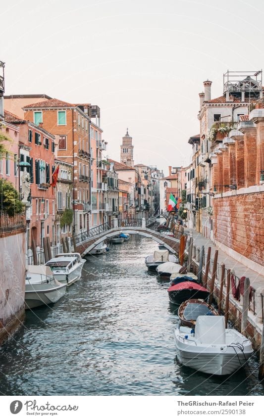 canal Small Town Port City Blue Brown White Channel Bridge Watercraft Navigation Church Manmade structures Venice Italy Colour photo Exterior shot