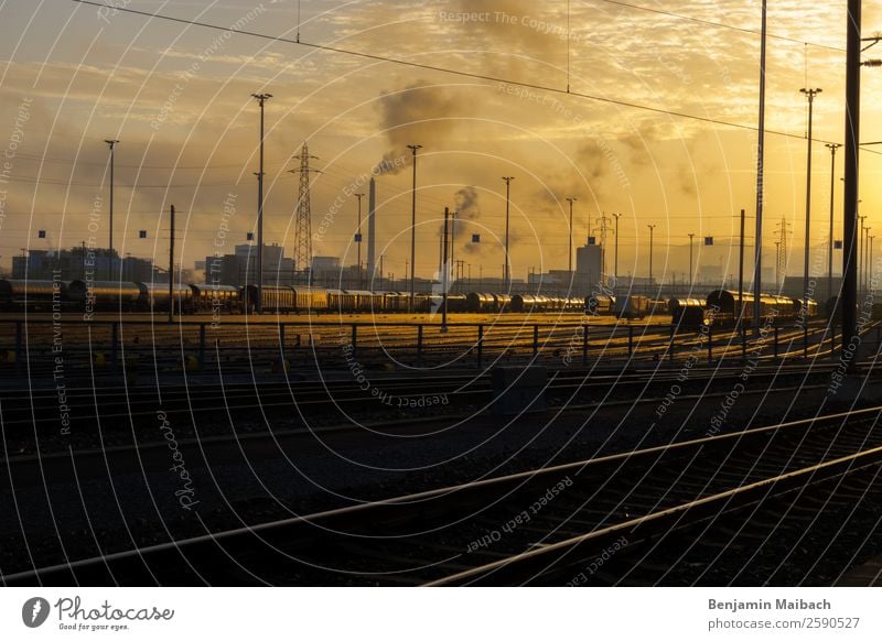 Glowing Heaven above the Industry mute Switzerland Factory Train station Chimney Transport Logistics Train travel Rail transport Railroad Freight train