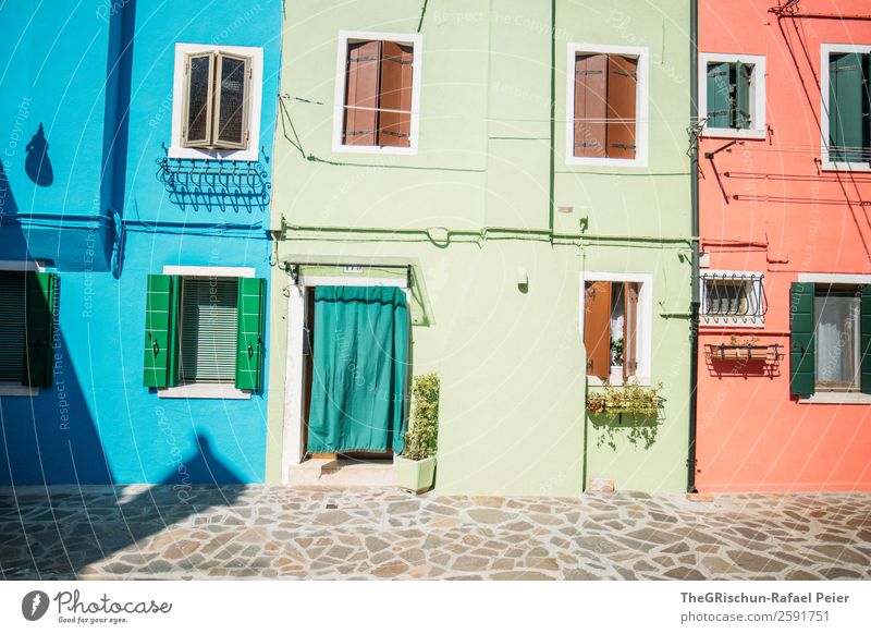 Burano Small Town Blue Multicoloured Green Red Paving stone Dye Italy House (Residential Structure) Window Shutter Exterior shot Deserted Copy Space top