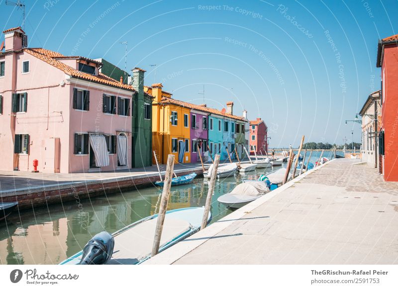 Burano Village Small Town Blue Multicoloured Green Violet Wooden stake Navigation Watercraft House (Residential Structure) Channel Italy Colour photo