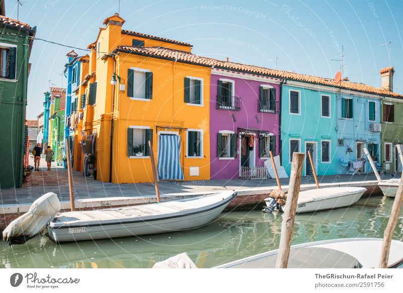 Burano Village Small Town Blue Yellow Violet Watercraft Turquoise Green Multicoloured Tourism Famousness Channel Italy Colour photo Exterior shot Day Wide angle