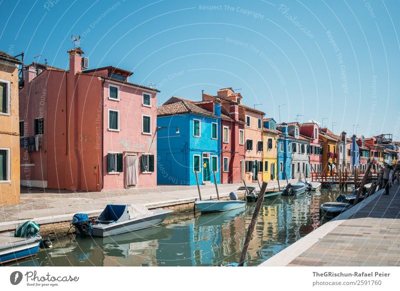 Burano Village Small Town Blue Pink Water Sea water Watercraft Navigation Multicoloured House (Residential Structure) Travel photography Italy Tourism