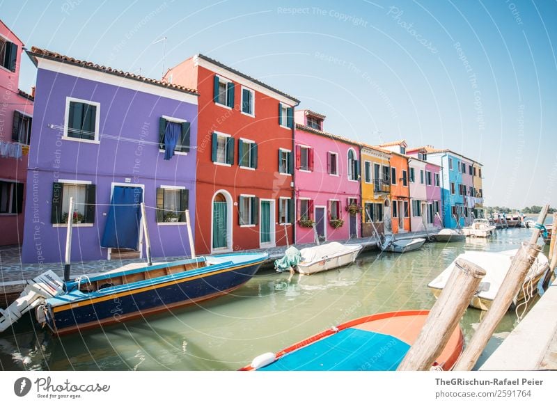 Burano Village Small Town Blue Multicoloured Yellow Gold Orange Red White Italy Navigation Violet Channel Water Sea water Travel photography Trip Window