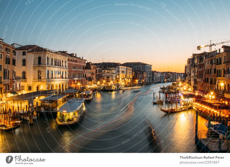 Venice Small Town Port City Blue Yellow Gold Light Moody Canal Grande Italy Watercraft Navigation Tourism Long exposure Exterior shot Copy Space bottom Night