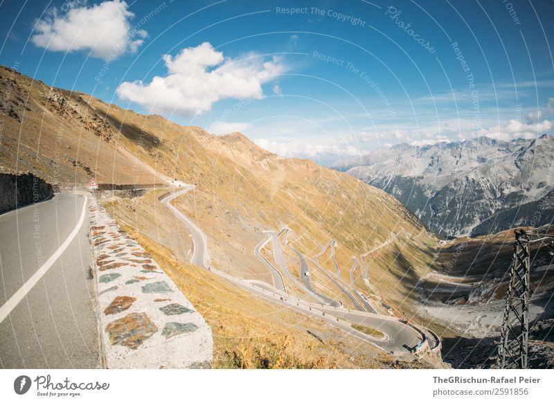 stelvio Nature Landscape Blue Brown Yellow Gold White Stilfserjoch Wall (barrier) Street Curve Mountain Pass Vantage point Italy curvaceous Driving