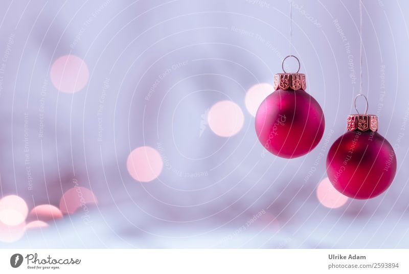Two Hanging Christmas Balls Card Christmas & Advent Decoration Fairy lights Glitter Ball Glass Gold Sphere Glittering Illuminate Beautiful Kitsch Soft Gray Red
