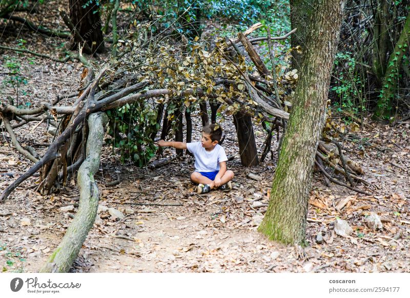 Little boy in his homemade cabin on the woods Lifestyle Joy Happy Leisure and hobbies Playing Freedom Summer House (Residential Structure) Child Human being