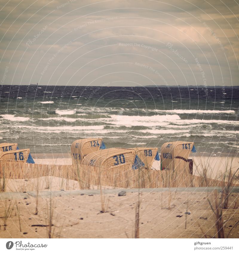 salad of salted water Environment Nature Elements Sand Water Sky Clouds Storm clouds Horizon Wind Gale Waves Coast Beach Baltic Sea Ocean Threat Beach chair