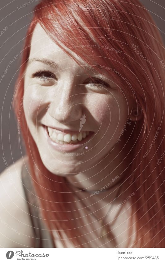 red Woman Human being Red-haired Smiling Laughter Portrait photograph Close-up Workshop Studio shot Looking into the camera Piercing European Beautiful Sweet