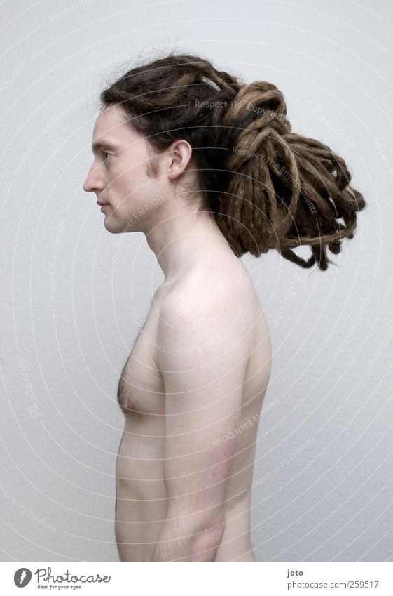 ossified Young man Youth (Young adults) Hair and hairstyles Long-haired Dreadlocks Stand Hip & trendy Uniqueness Naked Calm Identity Motionless Colour photo