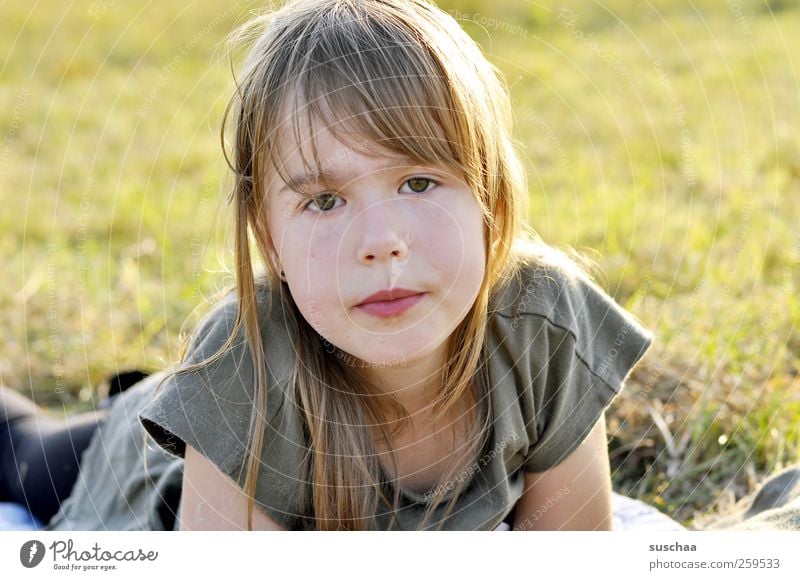 summer child II Child Girl Infancy Head Hair and hairstyles Face Eyes Nose Mouth Lips 3 - 8 years Nature Sunlight Summer Beautiful weather Grass Meadow Looking