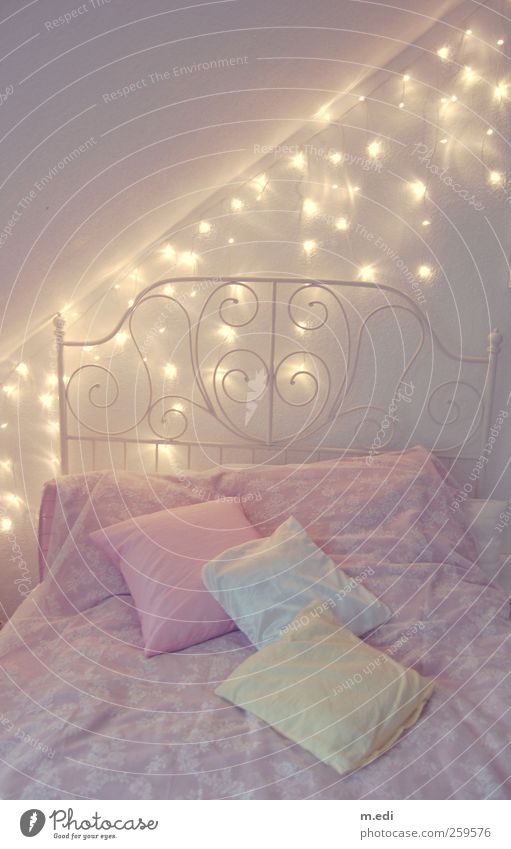 fairytale bedroom II Interior design Furniture Bed Bedclothes Cushion Pink Fairy lights Hip & trendy Kitsch Colour photo Interior shot Day Artificial light
