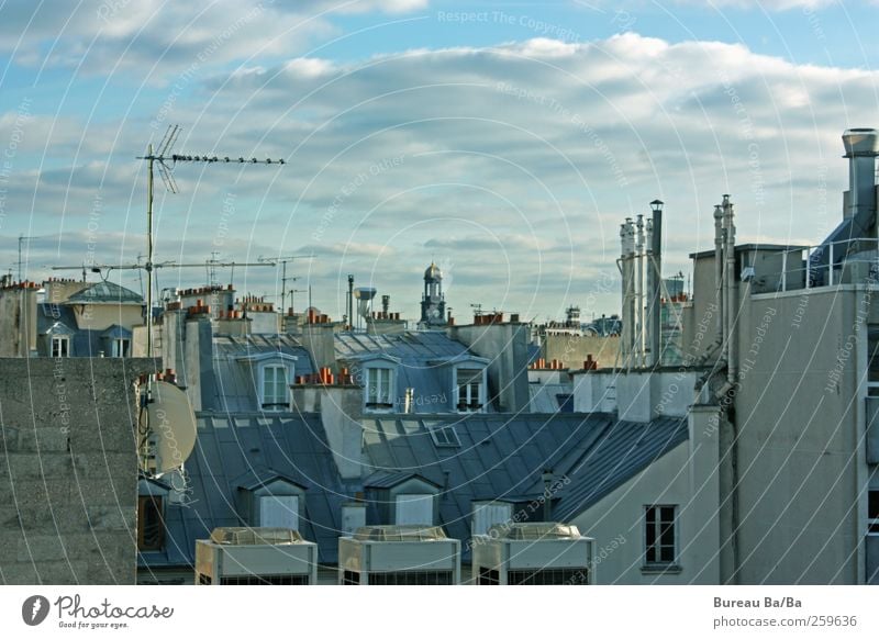 Vive la France! Town Capital city Downtown House (Residential Structure) Roof Chimney Antenna Blue Paris Clouds Vantage point Window Colour photo Exterior shot